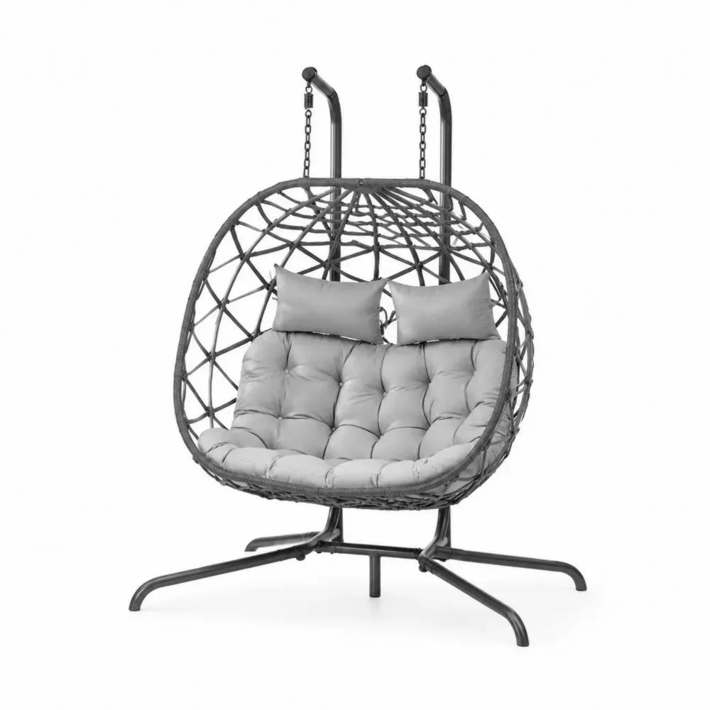 Doppel-Hängesessel aus Stahl und Polyrattan mit Polyesterkissen, Grau