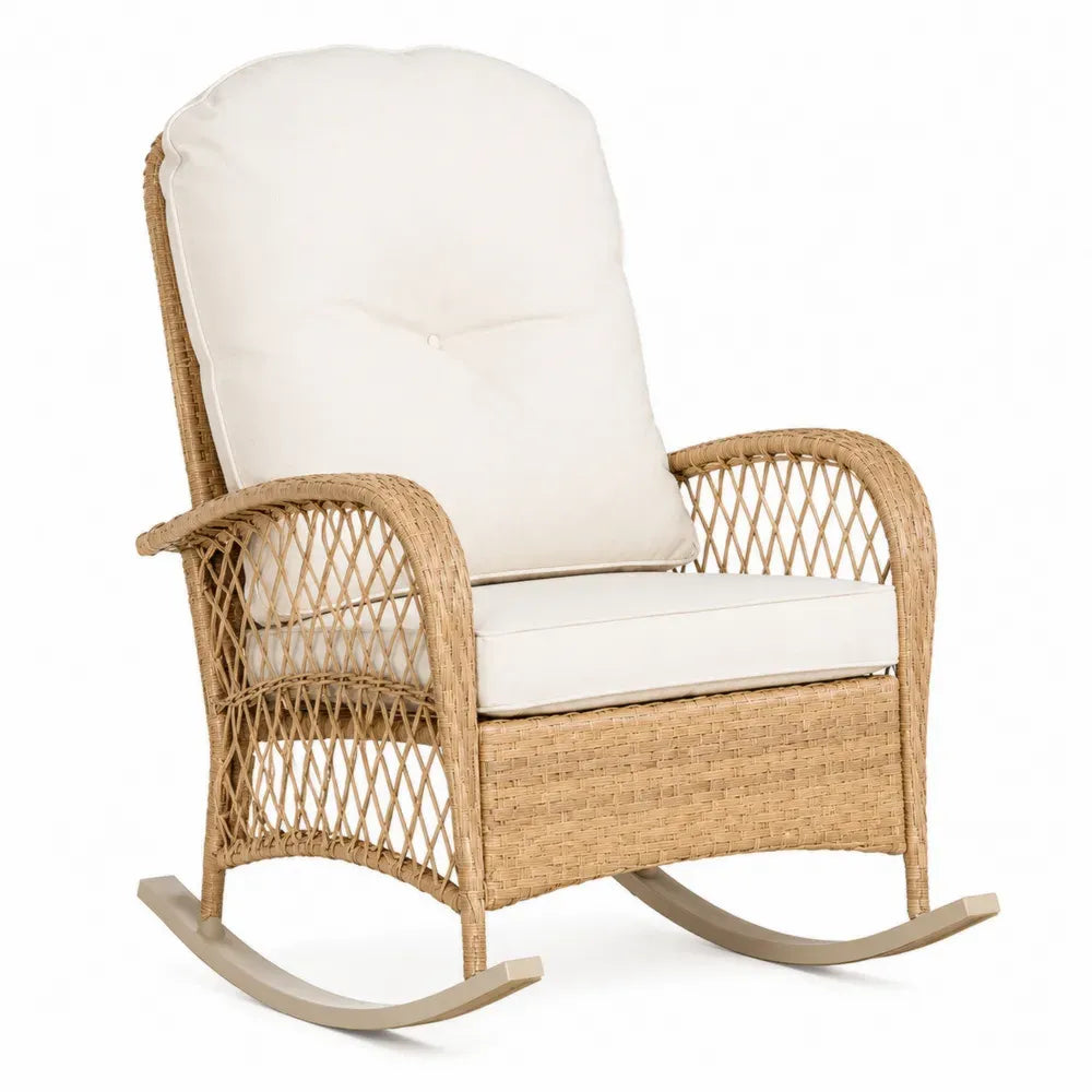 Schaukelstuhl aus Polyrattan mit weißen Kissen
