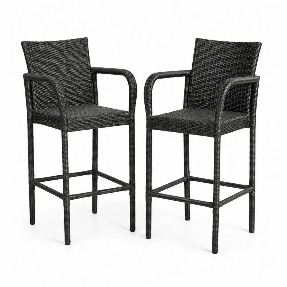 2er-Set Barhocker aus Rattan und Stahl Schwarz